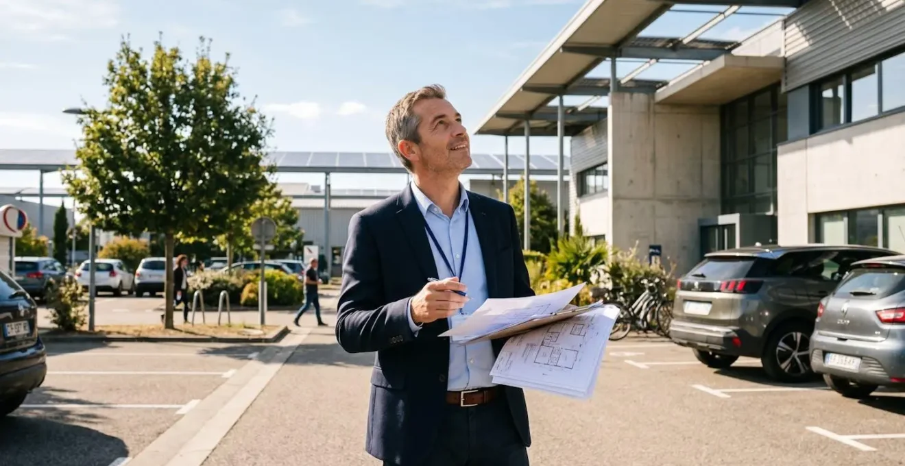 Responsable facility management debout sur un parking d'entreprise ensoleillé, consultant des documents techniques relatifs à un projet solaire