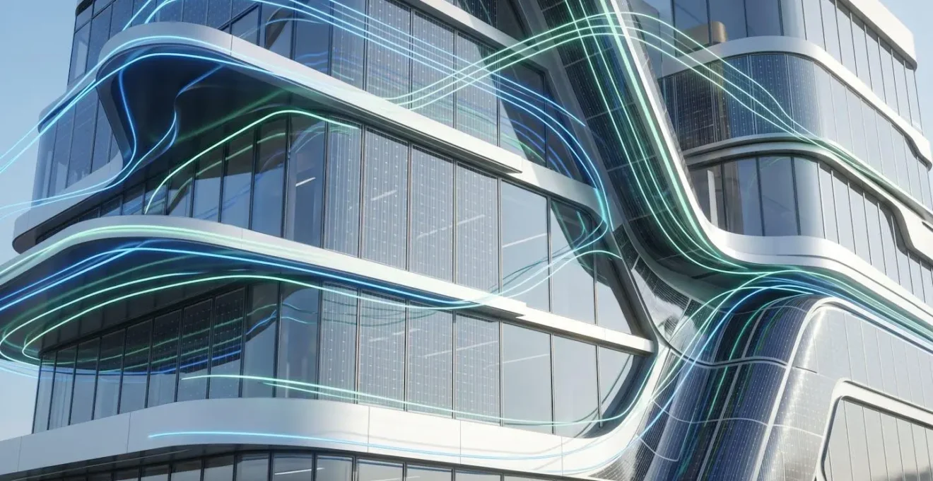 Façade d'immeuble moderne intégrant des panneaux solaires transparents dans les fenêtres et panneaux flexibles organiques, avec flux de données symbolisant les réseaux intelligents.