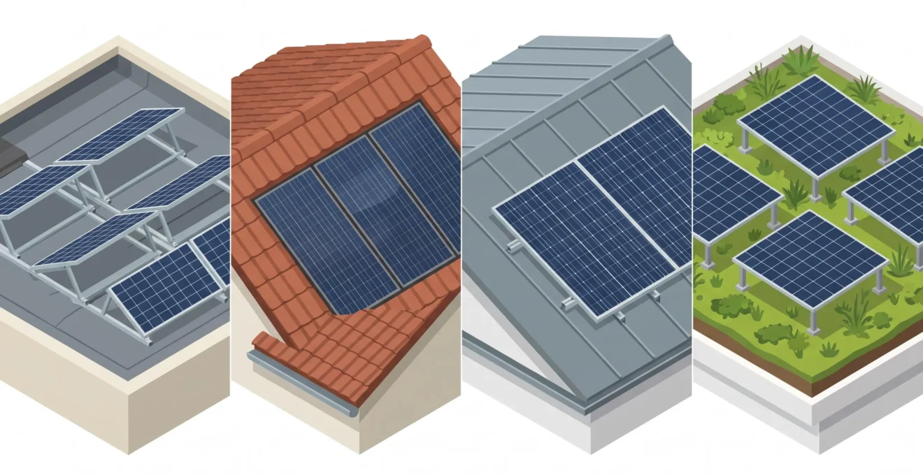 Illustration isométrique de quatre types de toitures urbaines avec différentes solutions d'installation de panneaux solaires : toit plat, toit pentu, toit zinc et toit végétalisé.
