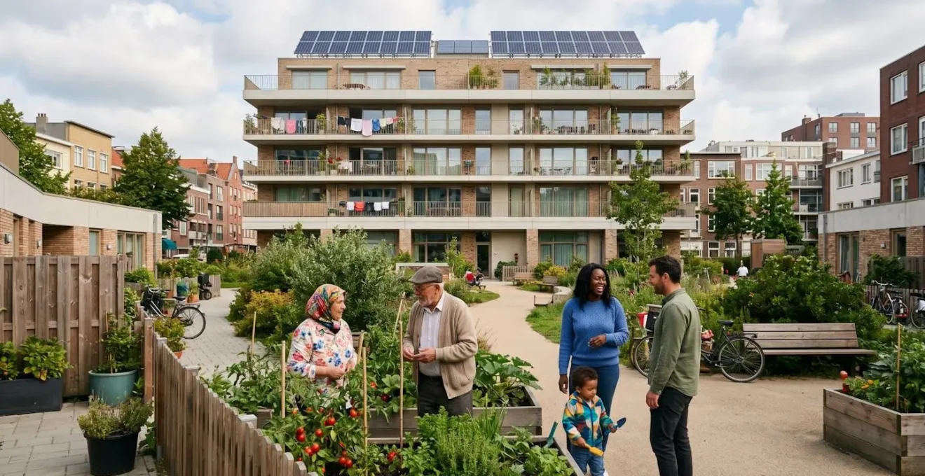 Immeuble de logement social urbain avec panneaux solaires sur le toit, habitants de différents âges dans la cour intérieure, illustrant l'accessibilité sociale de l'énergie solaire.