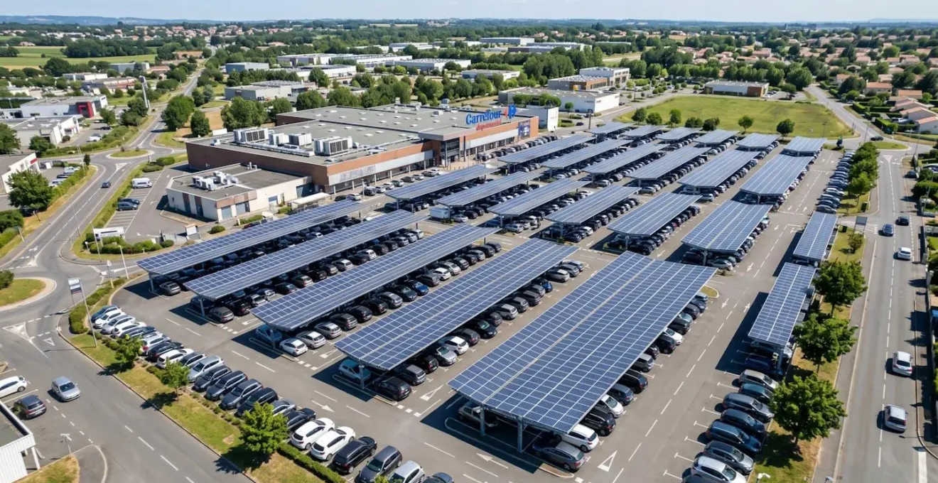 Vue aérienne d'un parking de grande surface équipé d'ombrières photovoltaïques sous un ciel ensoleillé