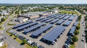 Vue aérienne d'un parking de grande surface équipé d'ombrières photovoltaïques sous un ciel ensoleillé