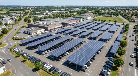 Vue aérienne d'un parking de grande surface équipé d'ombrières photovoltaïques sous un ciel ensoleillé