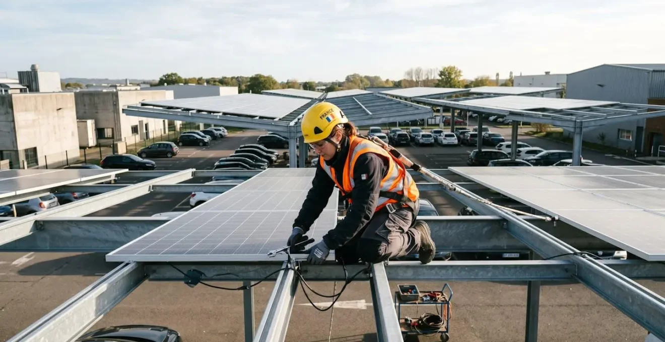 Technicien en tenue de sécurité installant des panneaux solaires sur la structure métallique d'une ombrière de parking industriel