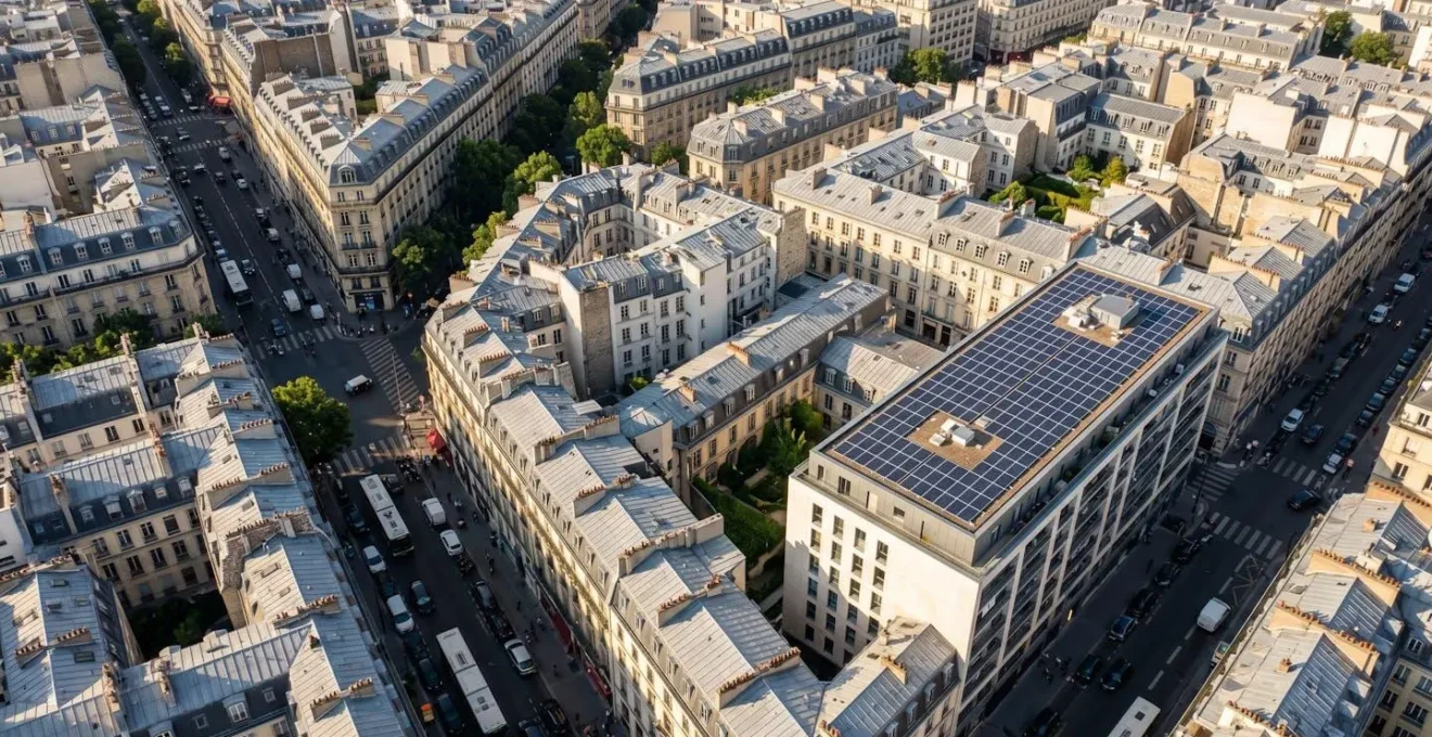 Vue aérienne d'un quartier urbain dense avec immeubles haussmanniens, un toit équipé de panneaux solaires au premier plan contrastant avec les toits traditionnels, ombres projetées illustrant les défis de l'installation solaire en ville.