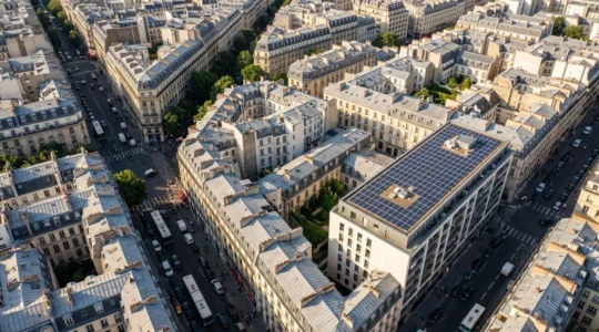 Vue aérienne d'un quartier urbain dense avec immeubles haussmanniens, un toit équipé de panneaux solaires au premier plan contrastant avec les toits traditionnels, ombres projetées illustrant les défis de l'installation solaire en ville.